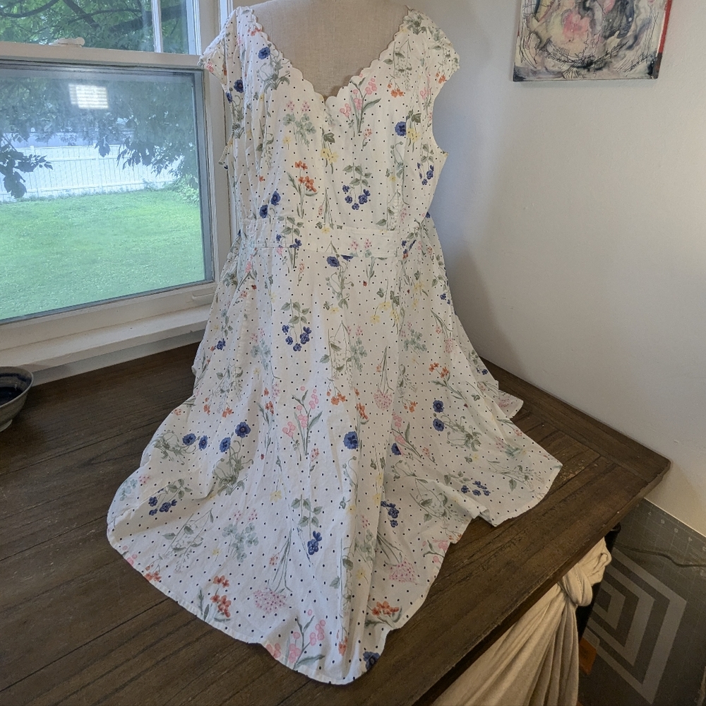 eShakti Cream Floral Dress with Blue Accents